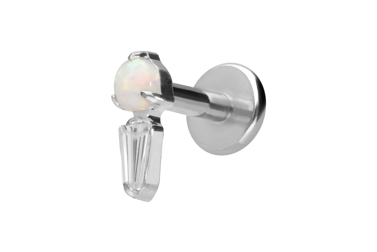 Titan Labret Piercing mit Innengewinde SYNTHETISCHER OPAL + KRISTALLRECHTECK